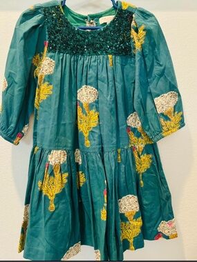 Pink Chicken Teal Green Dress with Yellow & White Floral Embroidery